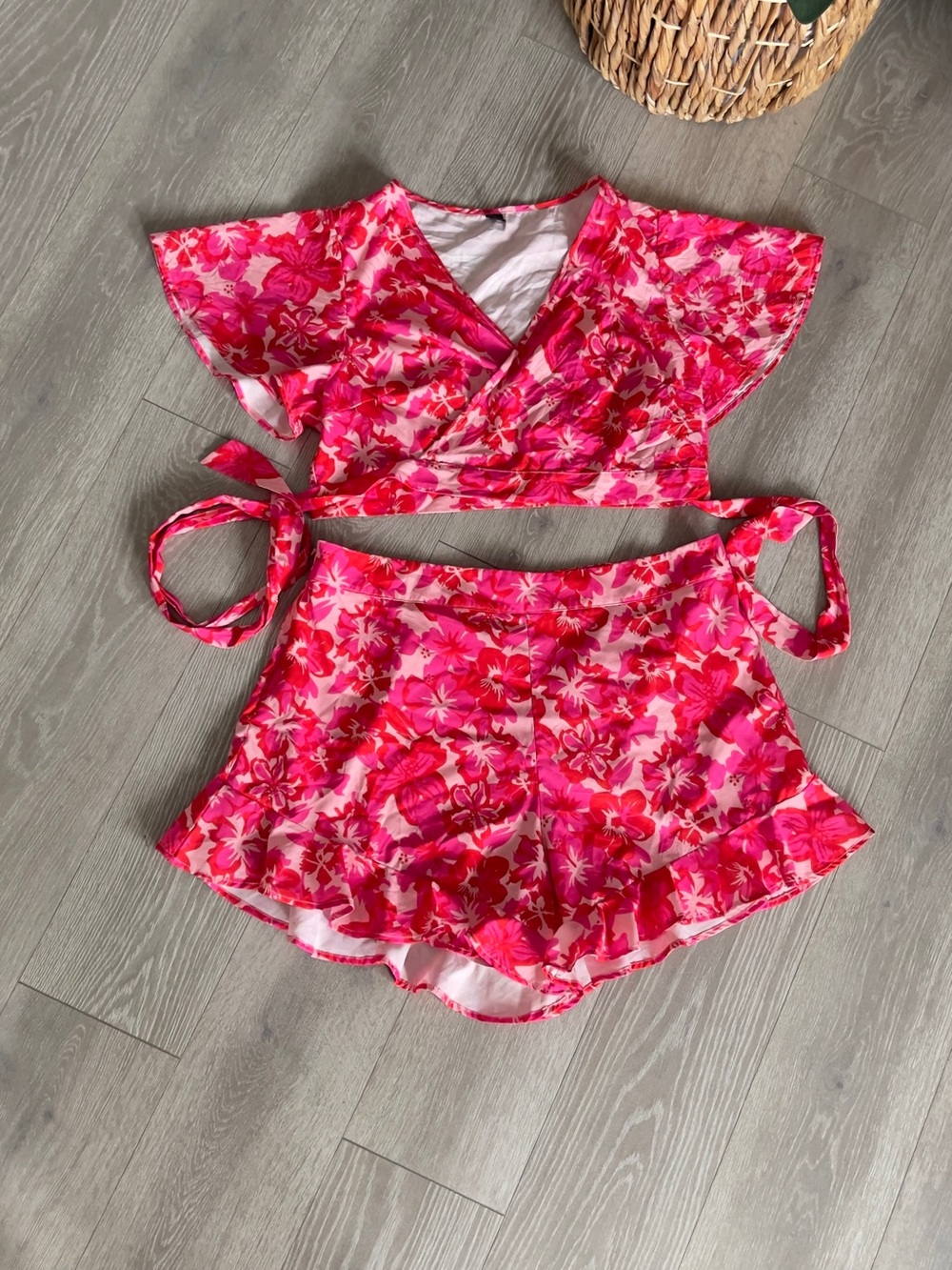 SHEIN Pink & Fuchsia Floral Wrap Crop Top with Ruffle Shorts Set